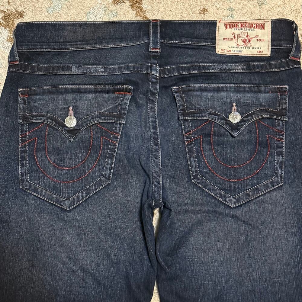 True Religion Skinny Jeans Size 36x34 Red Stitching Y2K